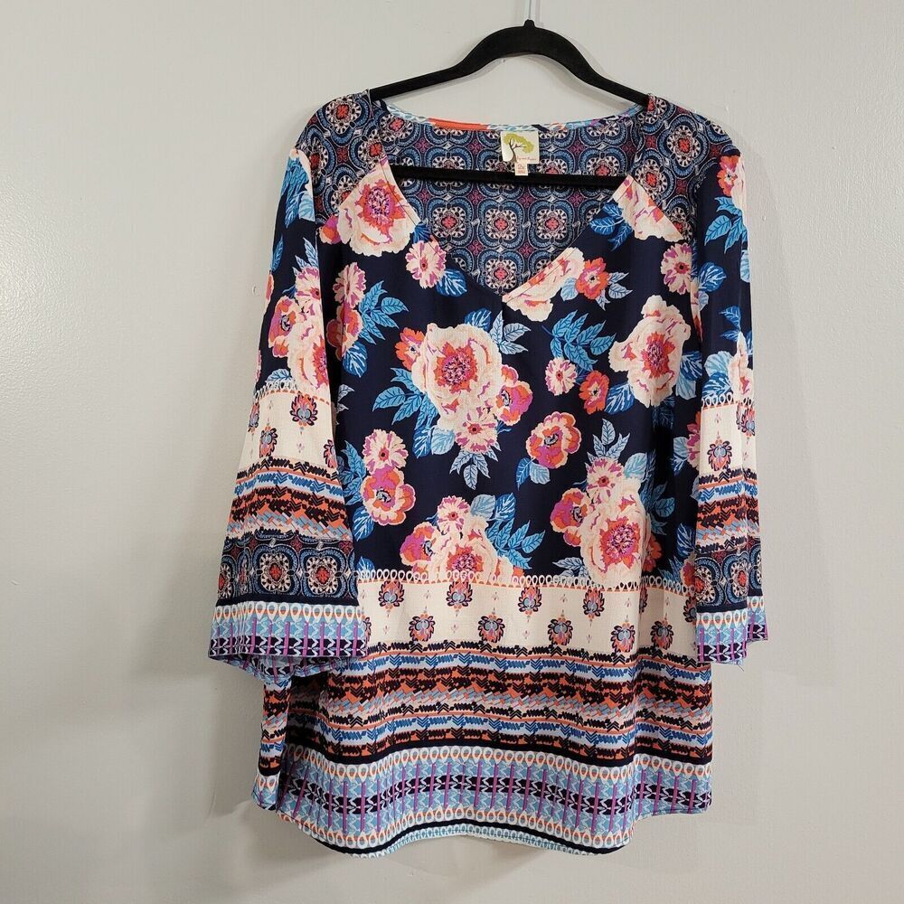 Fig & Flower Plus 2X‎ Anthropologie  Blouse Tunic Floral Colorful Boho Figueroa